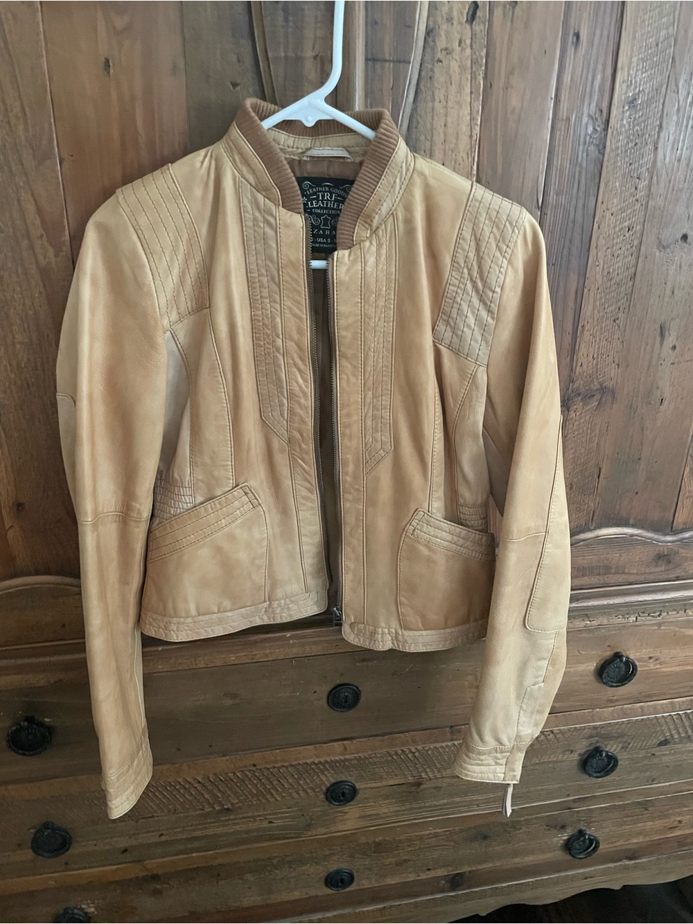 Zara Light Tan Leather Zip-Front Jacket